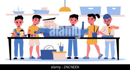 Creative children hobby construction lesson activity with boys and girls building and painting ship together flat vector illustration Stock Vector