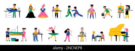 Flat color set of children doing various hobbies painting playing piano chess singing robotics drama isolated vector illustration Stock Vector