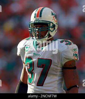 Dec 10, 2006; Miami Gardens, FL, USA; Miami Dolphins safety Yeremiah Bell  celebrates with teammate Channing Crowder after recovering a fumble, during  first half action Sunday afternoon at Dolphin stadium. Dolphins 21-0