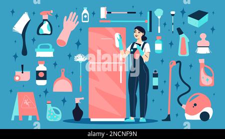 Cleaning service big set of isolated icons with detergents mops brooms and female character of worker vector illustration Stock Vector