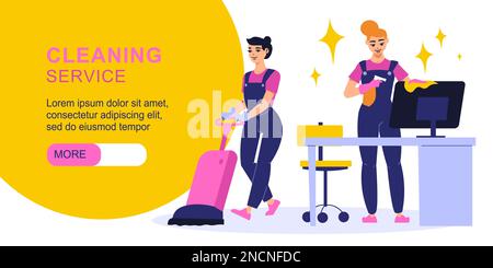Cleaning service horizontal flat web banner with two smiling female workers in uniform wiping computer monitor and vacuuming vector illustration Stock Vector