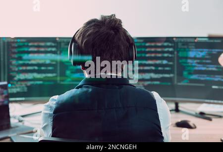 Coding, computer screen with man, programmer and web design, software update with information technology and code. Cybersecurity, ux and wifi Stock Photo