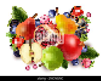 Realistic fresh fruits and berries top view with apple pomegranate strawberry pear blueberry blackberry raspberry vector illustration Stock Vector