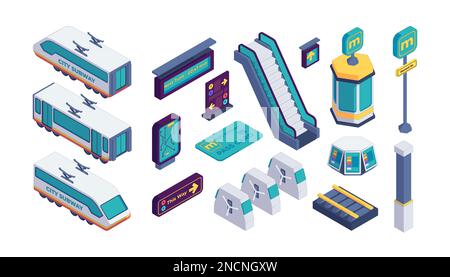 Isometric metro collection. City metro station elements with train tunnel escalator turnstile, urban metropolitan traffic concept. Vector isolated set. Subway wagons, signboards, routes Stock Vector