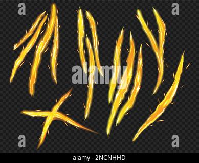 Realistic claws scratches monster set with sparkling scrapes filled with fire flames isolated on dark background vector illustration Stock Vector