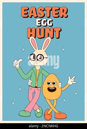 Groovy hippie Happy Easter posters. Easter bunny and egg. Vector card in trendy retro 60s 70s cartoon style. Stock Vector