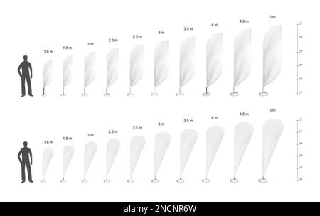 Feather advertising flag mockup realistic set of isolated human body silhouettes and pennons of different size vector illustration Stock Vector