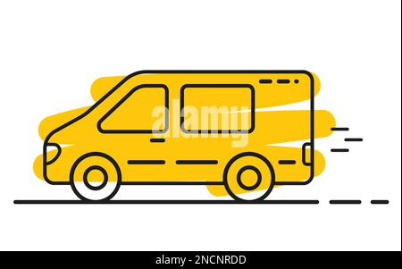 Delivery van. Transport linear style icon. Minibus outline vector on yellow Stock Vector