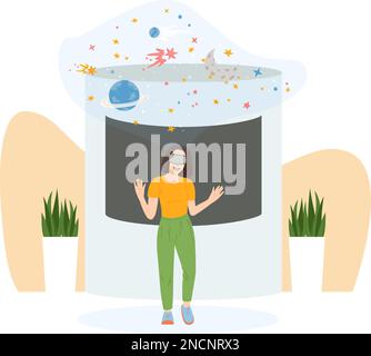 Exhibition with visitors flat background composition with female character wearing vr glasses with space cloud bubble vector illustration Stock Vector