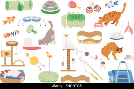 Cat accessories set with flat isolated icons of pet carriers litter trays toys and various cats vector illustration Stock Vector