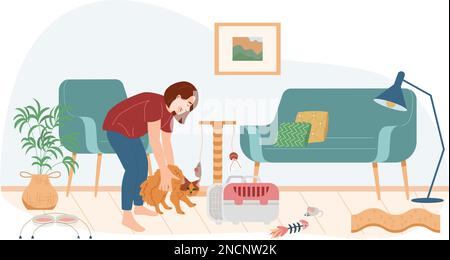 Cat accessories flat composition of living room interior with condo pet carrier and girl holding cat vector illustration Stock Vector