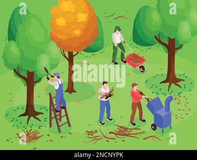 Garden workers background with trimming trees symbols isometric vector illustration Stock Vector