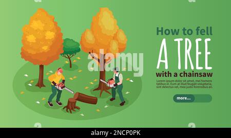 Garden workers horizontal banner with chainsaw symbols isometric vector illustration Stock Vector