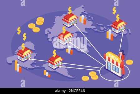 Franchise concept with trade and enterprise symbols isometric vector illustration Stock Vector