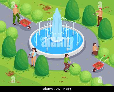Garden workers background with trimming and cutting symbols isometric vector illustration Stock Vector