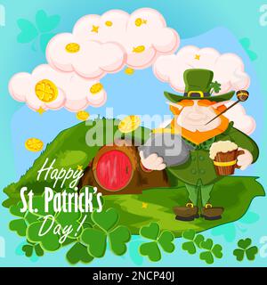 Cute leprechaun drinks beer near his house where he hides gold for st. patricks holiday Stock Vector