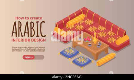 Middle eastern style furniture horizontal banner isometric vector illustration Stock Vector
