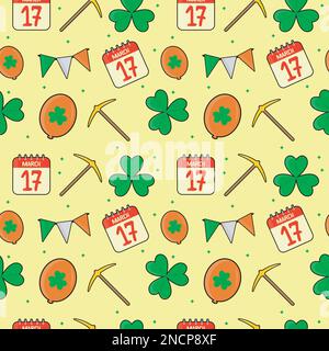 saint patricks day pattern with elements of callendar, garland, shamrock, baloon and gold pickaxe Stock Vector