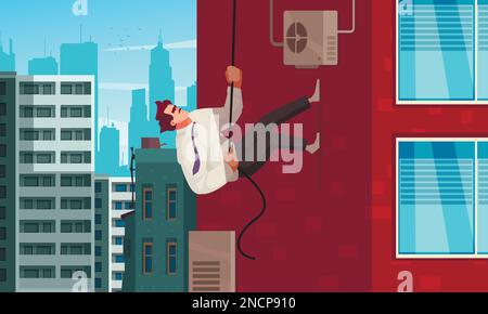 Super agent cartoon poster with male climbing skyscrapper wall vector illustration Stock Vector