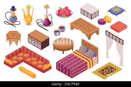 Middle eastern style furniture set with sofa and hookah isometric isolated vector illustration Stock Vector