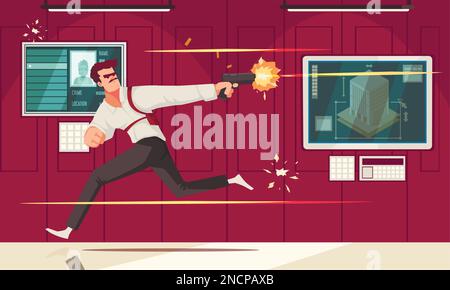 Super agent cartoon poster with man running and shooting with a gun vector illustration Stock Vector