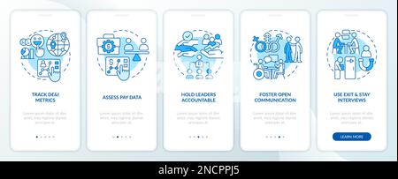Making DEI efforts practices blue onboarding mobile app screen Stock Vector