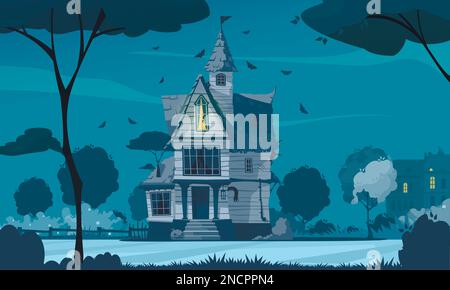 Scary house poster with spooky building at night vector illustration Stock Vector