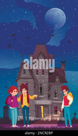 Scary house cartoon poster with teenagers in front of spooky building vector illustration Stock Vector