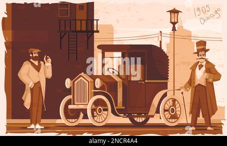 Gentlemen cartoon poster with males in old style clothing and retro auto sepia vectro illustration Stock Vector