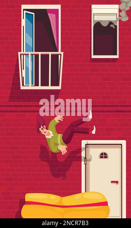 Evacuation cartoon poster with man jumping out of the window vector illustration Stock Vector