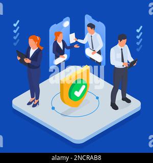 Electronic contract agreement concept with business people signing documents online on blue background 3d isometric vector illustration Stock Vector