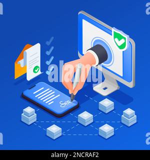 Contract agreement isometric composition with human hand putting electronic signature on blue background 3d vector illustration Stock Vector