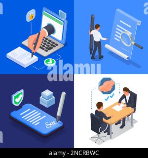 Contract agreement 2x2 design concept with people signing papers and putting electronic signature isolated isometric vector illustration Stock Vector