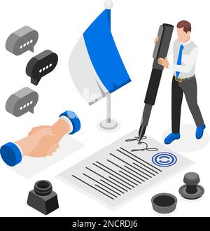Diplomacy and diplomat colored and isometric concept handshake flag of the country seals, documents and signature vector illustration Stock Vector
