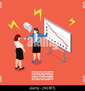 Bad boss isometric red composition the boss scolds an employee for a drop in performance vector illustration Stock Vector