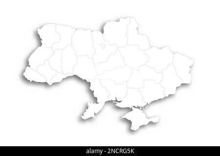 Ukraine political map of administrative divisions - regions, two cities with special status of Kyiv and Sevastopol, and autonomous republic of Crimea. Flat white blank map with thin black outline and dropped shadow. Stock Vector