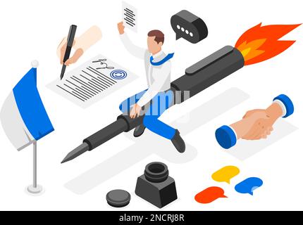 Colored diplomacy and diplomat isometric composition abstract situation a man in a suit and tie is flying on rocket pen and attributes vector illustra Stock Vector