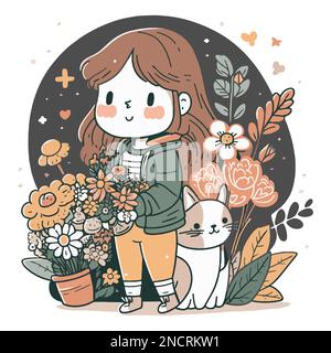 Cute girl holding flowers and small cat vector Stock Vector