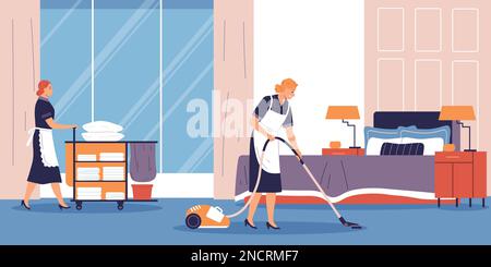 Hotel room cleaning background with service symbols flat vector illustration Stock Vector