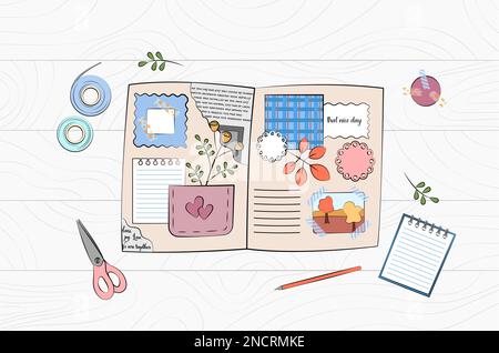 Scrapbooking workplace top view. Scrapbook elements, tools and stationery on wooden table. Journaling hobby. Book with newspaper clipping, photo, note Stock Vector