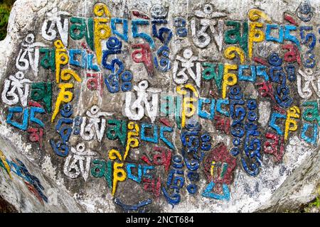 Prayer stones as a form of prayer in Tibetan Buddhism, on the hill in Himalaya mountains. Mcleod Ganj, Dharamsala, India. Stock Photo