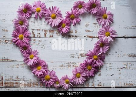 Flowers composition. Heart symbol made pink flowers leaves. Top view, flat lay Stock Photo
