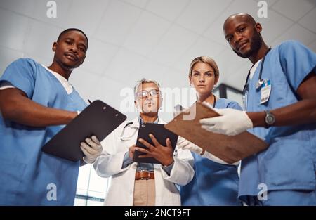 Doctors, teamwork portrait and hospital management, checklist and healthcare analysis from patient pov. Nurses, medical professional or surgeon people Stock Photo