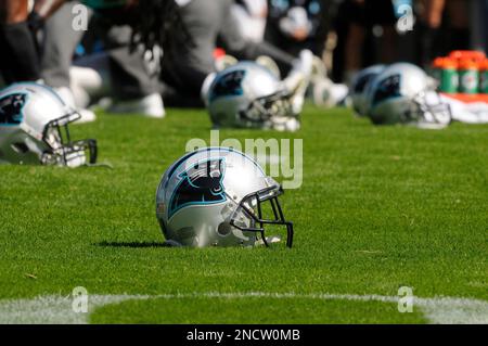 A Carolina Panthers helmet sits on the bench prior to an NFL football game  against the Arizona Cardinals, Sunday, Oct. 2, 2022, in Charlotte, N.C. (AP  Photo/Brian Westerholt Stock Photo - Alamy