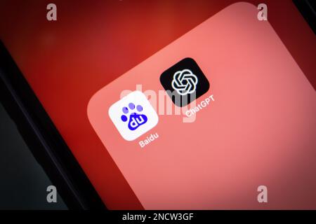 Baidu and ChatGPT icons seen in an iPhone. Baidu inc. developing ERNIE Bot, an ChatGPT-style AI chatbot project based on its ERNIE Model technology Stock Photo