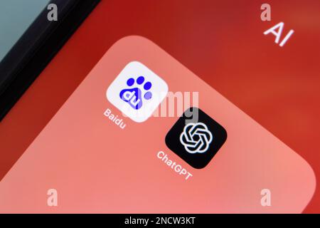 Baidu and ChatGPT icons seen in an iPhone. Baidu inc. developing ERNIE Bot, an ChatGPT-style AI chatbot project based on its ERNIE Model technology Stock Photo