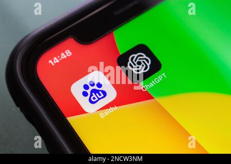 Baidu and ChatGPT icons seen in an iPhone. Baidu inc. developing ERNIE Bot, an ChatGPT-style AI chatbot project based on its ERNIE Model technology Stock Photo