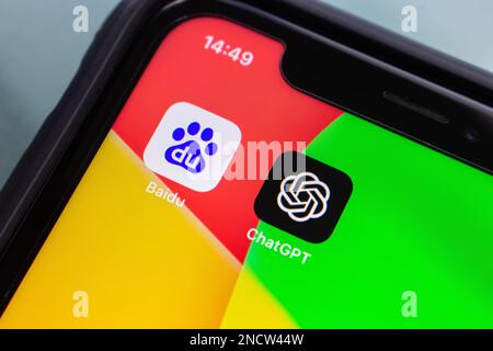 Baidu and ChatGPT icons seen in an iPhone. Baidu inc. developing ERNIE Bot, an ChatGPT-style AI chatbot project based on its ERNIE Model technology Stock Photo