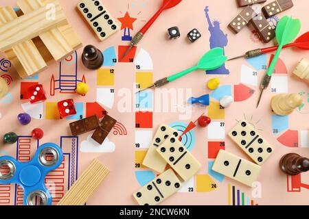 Different types of board games and its' components as background, top ...