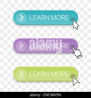 Learn more button icon collection with different clicking hand cursor Stock Vector
